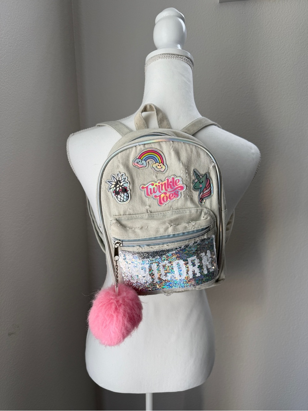 Sketchers Twinkle Toes Unicorn Mini Backpack with Pink Pom Pom and patches